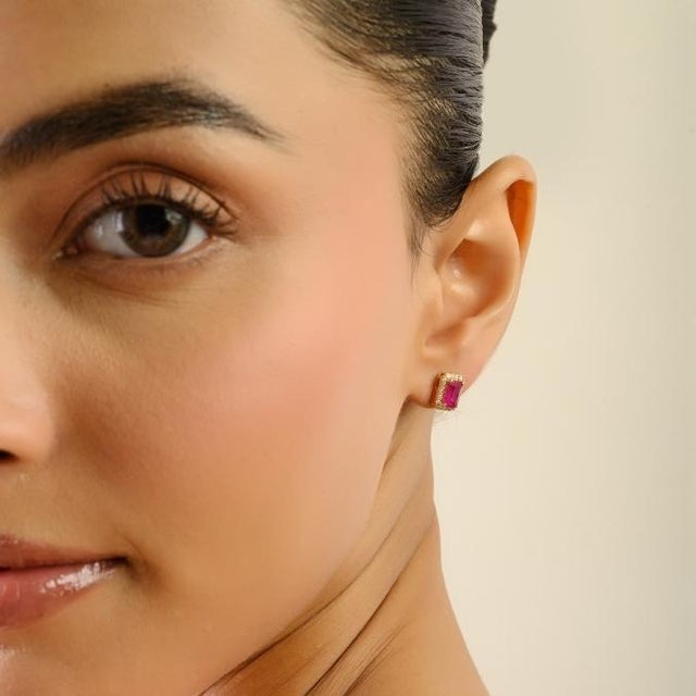 18k Gold 1.21 Ct Octagon Ruby & Diamond Halo Statement Stud Earrings- A Pair For Sale In New York - Image 6 of 14