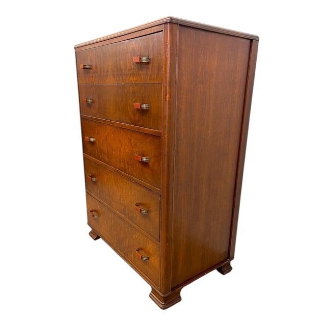 1970s Vintage Art Deco Highboy Dresser With Waterfall Front and Bakelite Style Handles For Sale - Image 4 of 11