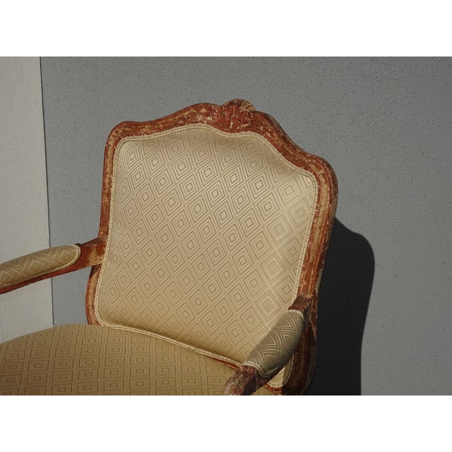 Vintage French Provincial Silk Bergere Chair W Red & Gold Crackle Finish For Sale - Image 4 of 12