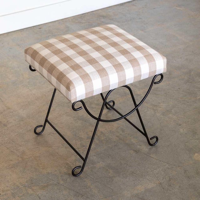 Tan Panoplie Iron Loop Stool, Tan Gingham For Sale - Image 8 of 9