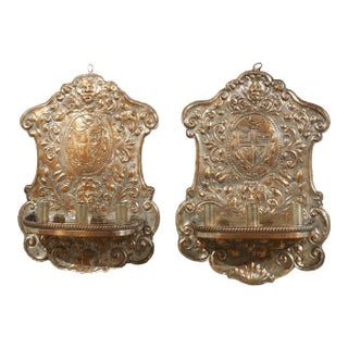 Pair of 19th Century French Silver Plated Copper Repousse 3-Light Wall Sconces For Sale