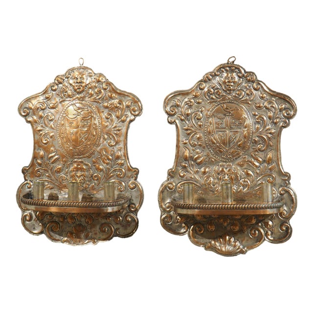 Pair of 19th Century French Silver Plated Copper Repousse 3-Light Wall Sconces For Sale