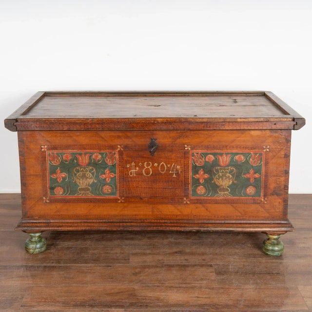 Folk Art Original Painted Flat Top Trunk With Flowers, Austria Dated 1804 For Sale - Image 3 of 11