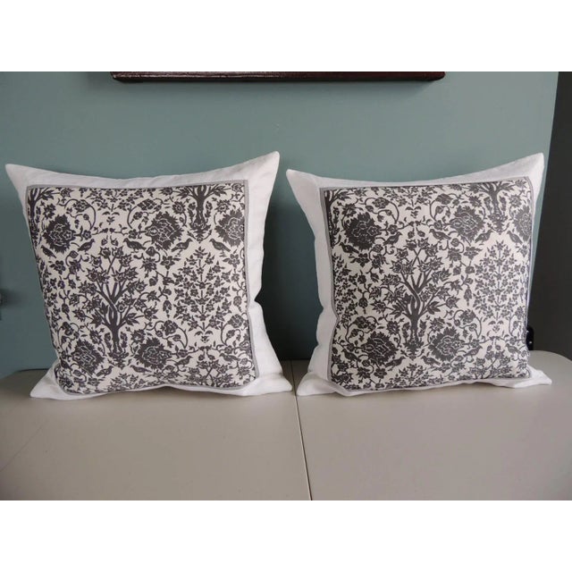 Pair of Vintage Fortuny "Alderelli" fabric in midnight and white decorative square pillows. White linen backing and...