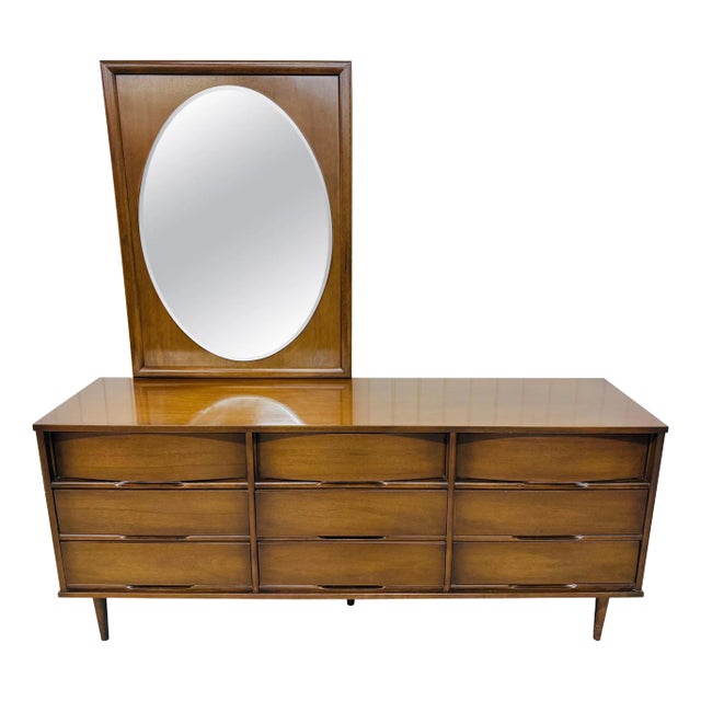 Mid-Century Modern 9-Drawer Walnut Dressed W/Mirror For Sale