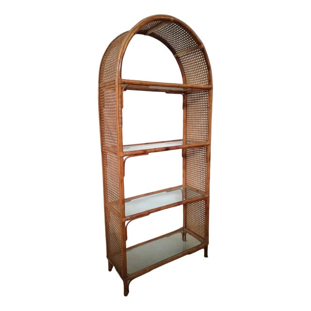Bamboo Glass & Rattan Arch Bookcase, 1970 For Sale