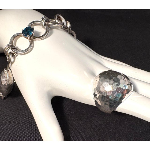 Metal Sterling Silver Hand Hammered Dome Ring and Matching Multi Gemstone Bracelet. 2 Pieces For Sale - Image 7 of 12