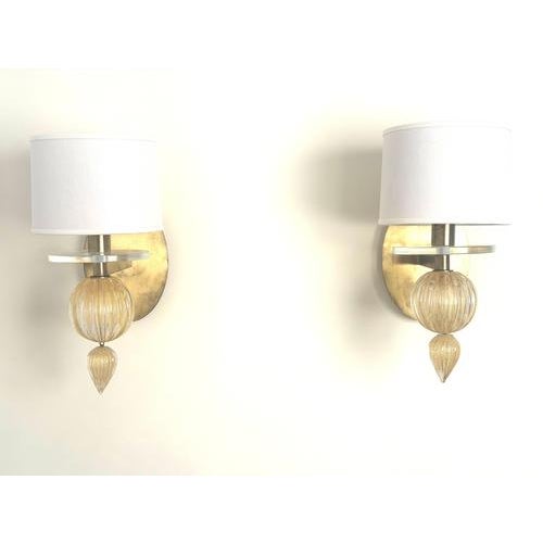 Hollywood Regency Gold Fleck Murano Glass Wall Sconces from Barbara Barry for Baker Furniture, Set of 2 For Sale - Image 3 of 13