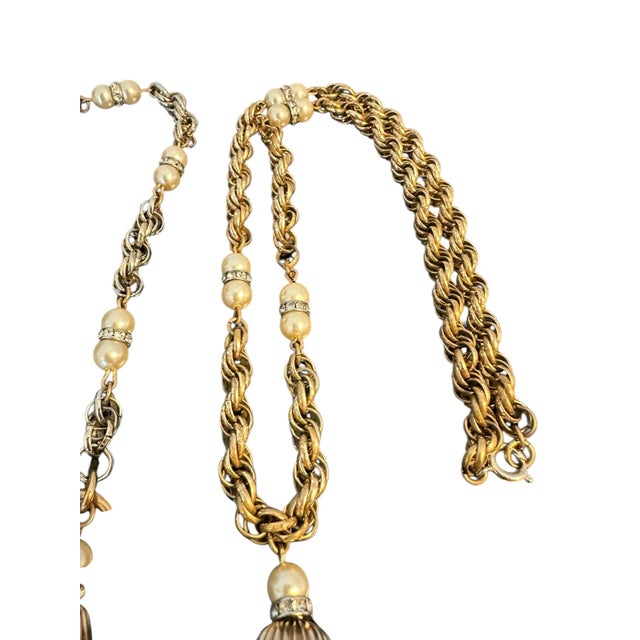 Mid 20th Century Trifari Chainlink Tassel Faux Pearl Rhinestone Necklace and Bracelet Set - 2 Pieces For Sale - Image 6 of 12