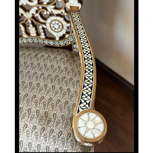 Ivory Mid 20th Century Handcrafted Syrian Mother of Pearl & Abalone Inlaid Moorish Armchair | Damascus Style | Carved Hardwood Accent Chair For Sale - Image 8 of 12