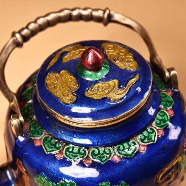 Metal Late 20th Century Cloisonné Enamel "Two Immortals" Teapot With Figural Scenes For Sale - Image 7 of 9