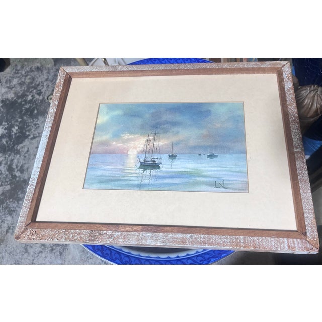 Nautical 1970s Sundown by Joan Howe Original, Watercolor, Painting , Framed and Signed For Sale - Image 3 of 7