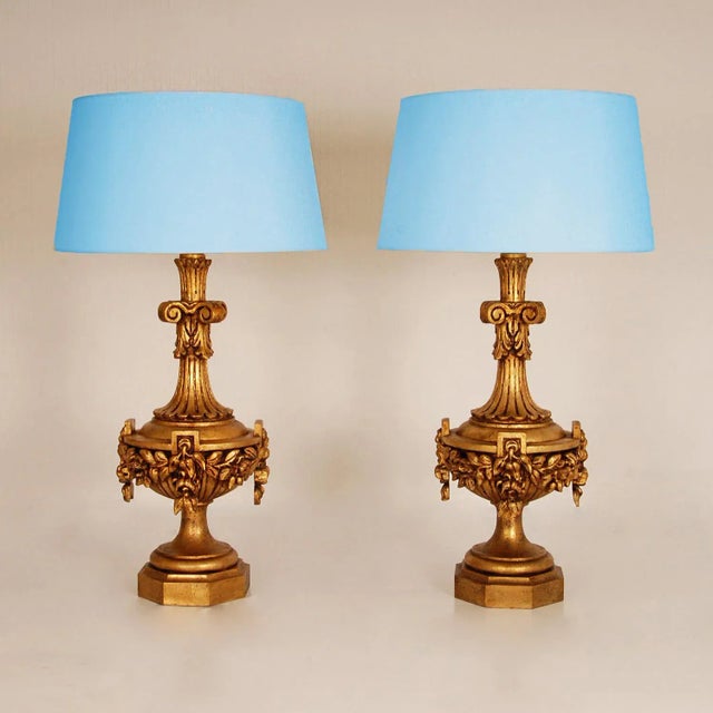 Vintage tall ornamental Italian Giltwood Lamps hand carved Neoclassical table lamps with lampshades. Style: Vintage,...