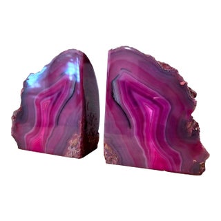 Large Pink Agate Geode Bookends, Polished Natural Stone Crystal Pair With Sculptural Form For Sale