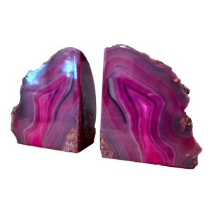 Large Pink Agate Geode Bookends, Polished Natural Stone Crystal Pair With Sculptural Form