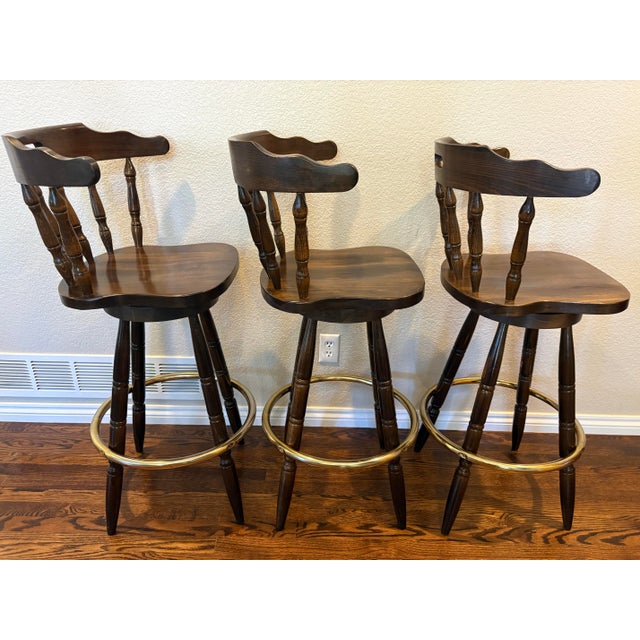 Vintage Yugoslavian Captain’s Mate Wood Swivel Bar Stools With Brass-Tone Footrests — Set of 3 For Sale - Image 4 of 12