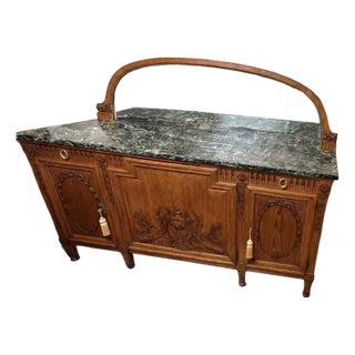 1900s Louis XVI French Oakwood Marble Top Antique Buffet W Mirror For Sale
