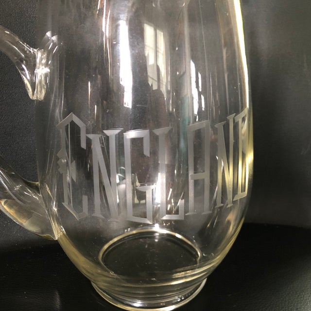 Mid-Century Modern Vintage Large Engraved Glass Pitcher “England” For Sale - Image 3 of 12