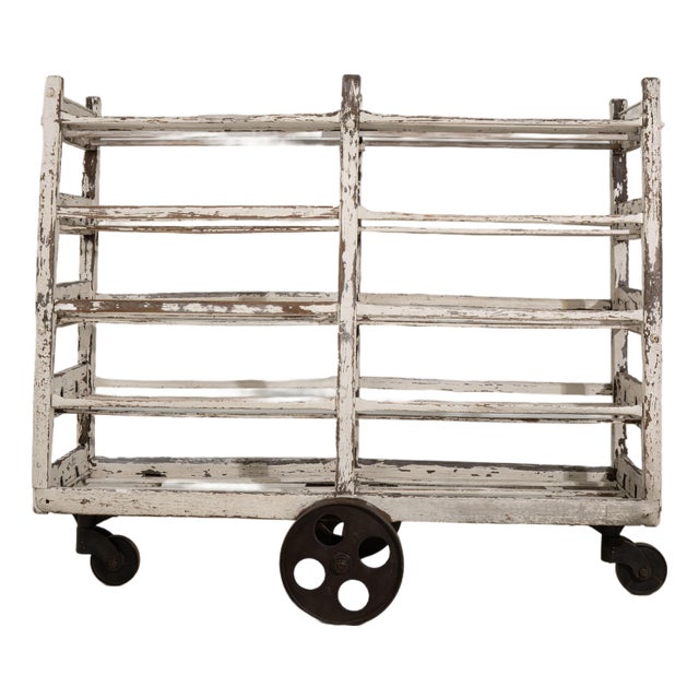 White Patinated Bakery Rack on Wheels, Antique, France, Early 20th Century For Sale