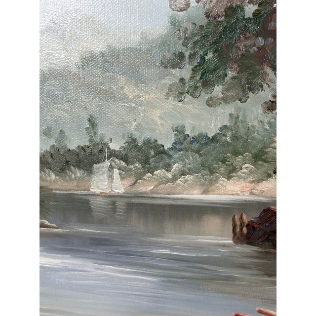 Large White Framed Vintage River Landscape Oil Painting, Ornate Carved Wood C Thomas Art For Sale In Phoenix - Image 6 of 12