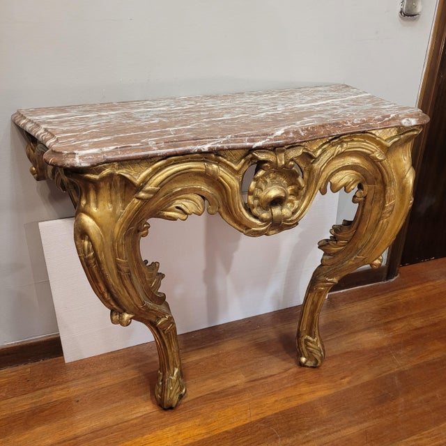 18th Century Louis XV Wall-Mounted Console Table in Carved and Gilded Wood, France For Sale - Image 6 of 18