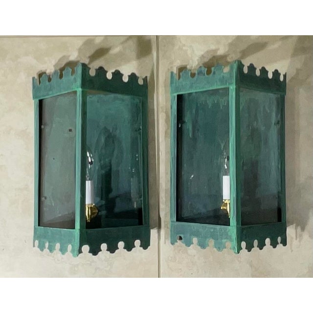 American Pair of Artistic Vintage Patinated Metal Wall Lantern Sconces For Sale - Image 3 of 16
