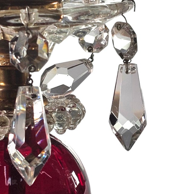 Pair of Early 20th Century Victorian Cranberry Glass Mantle Luster Lamps With Etched Floral Shades For Sale - Image 9 of 10