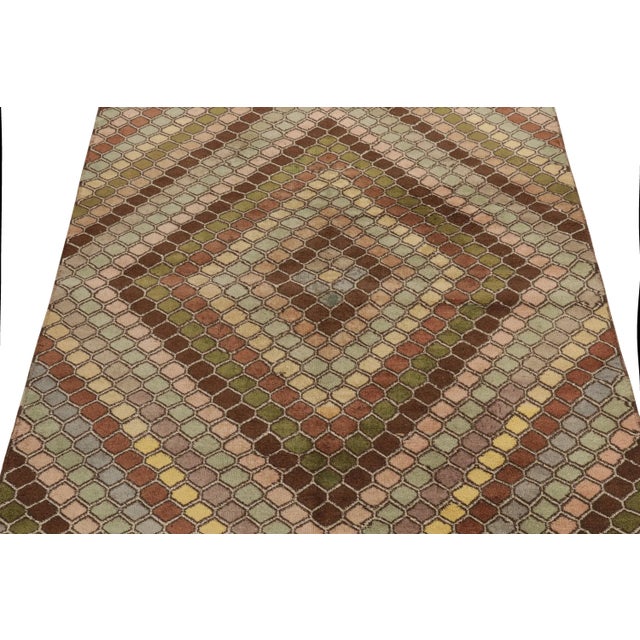 Vintage Art Deco Rug in Beige-Brown, Pink and Blue Honeycomb Diamond Pattern For Sale - Image 4 of 7