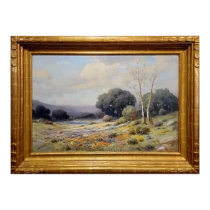 Angel Espoy -California Poppies & Lupine by a Lake-1920s Plein Air Oil Painting