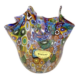 Vintage Murano Campanella Millefiori Handkerchief Vase For Sale