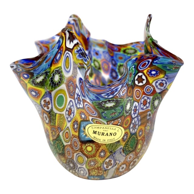 Vintage Murano Campanella Millefiori Handkerchief Vase For Sale