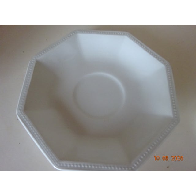 Set of 4 Vintage Johnson Brothers White Heritage cups and saucers, "Made in England" emblem on backs of items. Purchased 2...