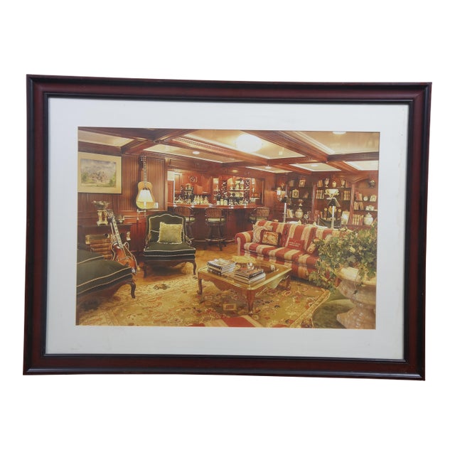 Late 20th Century Photograph Print of Traditional Wood Panel Luxury Library Lounge Bar Room 35" For Sale