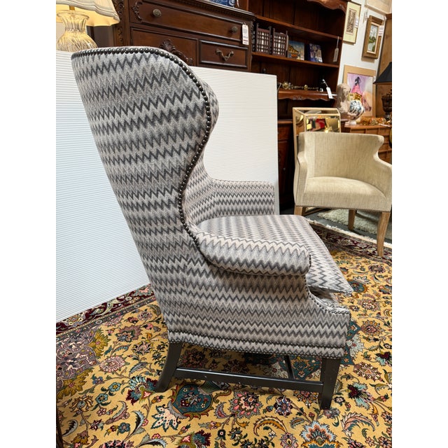 Chevron Printed Wool Felt Wingback Chair For Sale - Image 4 of 12