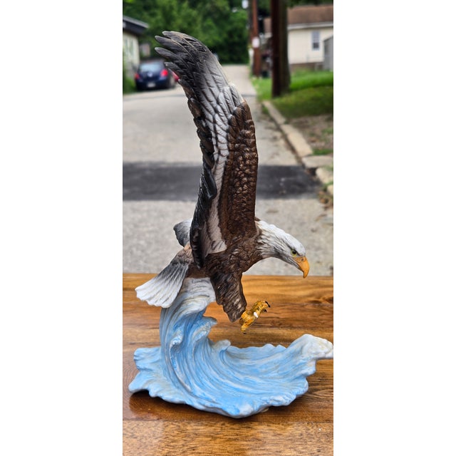 Large Limited Edition Hand-Painted Bald Eagle Sculpture in Flight With Wave Base For Sale - Image 6 of 12