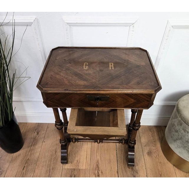 Brown Antique Italian Inlaid Veneer Wood Sewing Side Table with Bobbin Barley Twist Legs, 1890s For Sale - Image 8 of 11
