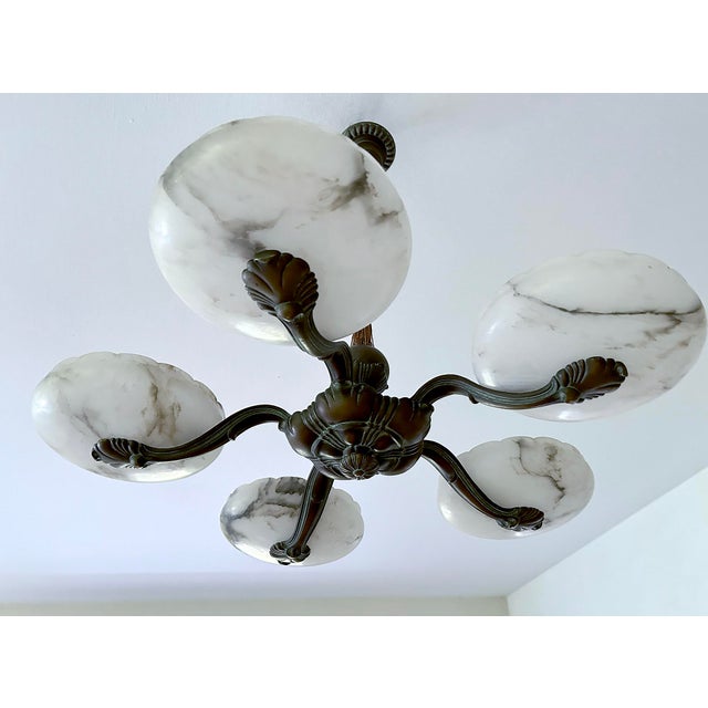 Large Art Deco Alabaster and Bronze Pendant Light, 1930s For Sale - Image 12 of 18