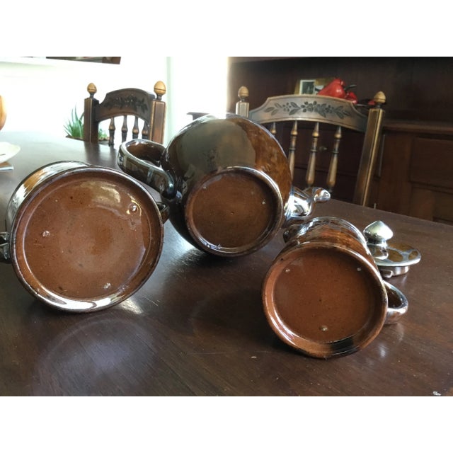 Metal Mid 20th Century Brown Glazed Porcelain Teapot, Sugar Bowl & Creamer Set With Silver Overlay in Art Nouveau Design- 3 Pieces For Sale - Image 7 of 10
