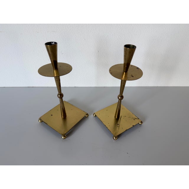 1970s 1970s Mid-Century Modern Brass & Metal Geometric Candle Holders – Pair For Sale - Image 5 of 12