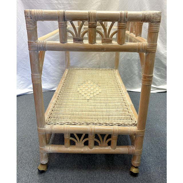 Beige Vintage Palm Beach Chic Ficks Reed Style Rattan and Glass Rolling Bar Cart For Sale - Image 8 of 14