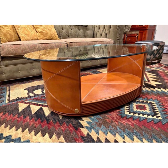 Postmodern Cognac Leather & Glass Oval Coffee Table With Sculptural Base For Sale - Image 4 of 11