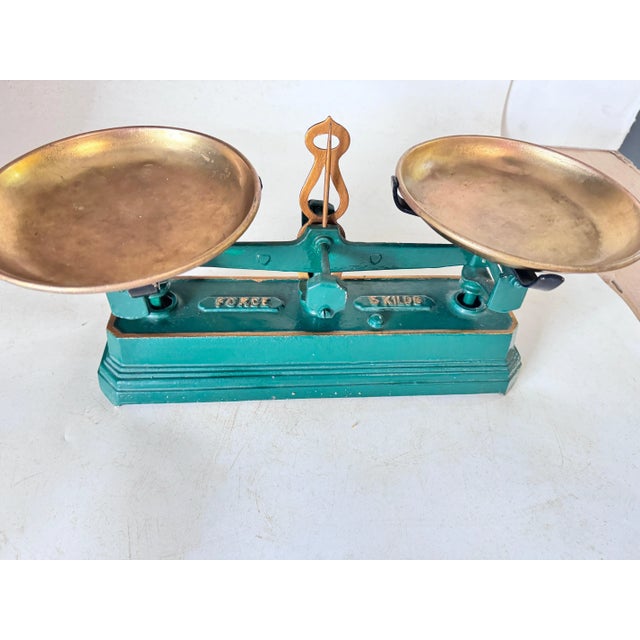 Antique French Green and Gold Wrought Iron and Brass Scale, 19th Century For Sale - Image 12 of 13