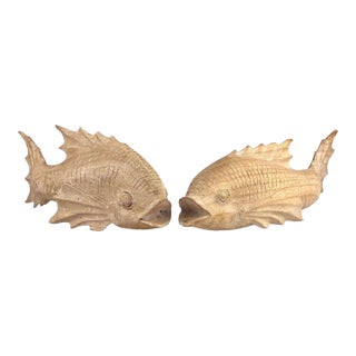 Vintage Traditional Burmese Teak Carved Koi Fish Sculpture - A Pair For Sale