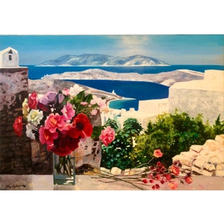 Georges Blouin, Large Colorful French Oil Painting Greek Island Landscape Flowers George Blouin For Sale