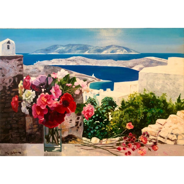 Georges Blouin, Large Colorful French Oil Painting Greek Island Landscape Flowers George Blouin For Sale