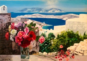 Georges Blouin, Large Colorful French Oil Painting Greek Island Landscape Flowers George Blouin