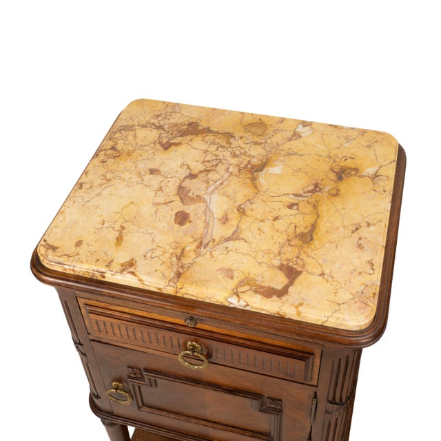 Antique French Louis XVI Style Marble Top Ceramic Lined Nightstands - A Pair For Sale - Image 4 of 18