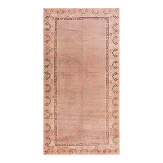1930s Turquiose Rose Geometric Antique Chinese Khotan Rug 6' 2" X 12' 2" Handknotted Wool Carpet For Sale