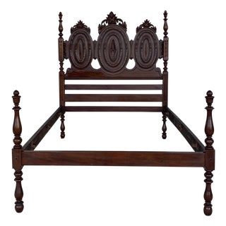 Early 20th Carved Medallions Full Bed, Original Four Poster Lisbon Bed For Sale