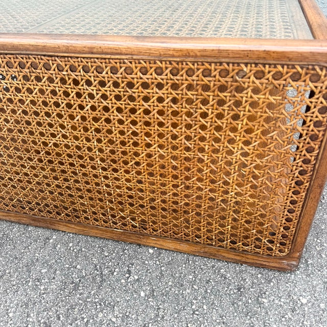 Vintage Boho Chic Cane and Oak Glass Top Coffee Table For Sale - Image 9 of 9